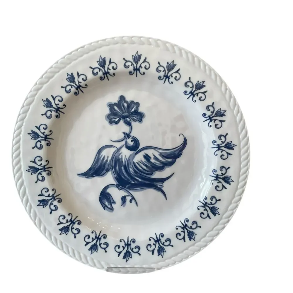 TAHARI Dove Bird of Peace Melamine Dinner Plates 11in  Set of 4 Blue & White NEW